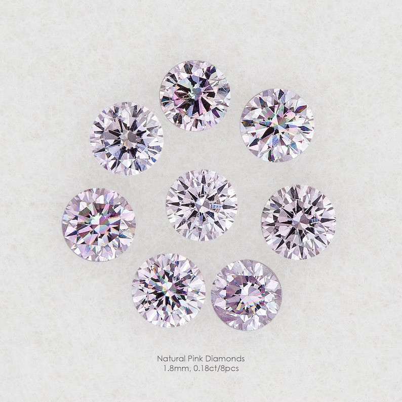 Untreated Natural Pink Diamonds Round Brilliant 1.8mm 0.18ct of 8pcs Set|Calibrated|Light Pink|Argle|Fancy Diamond|Jewelry Making|Rare|