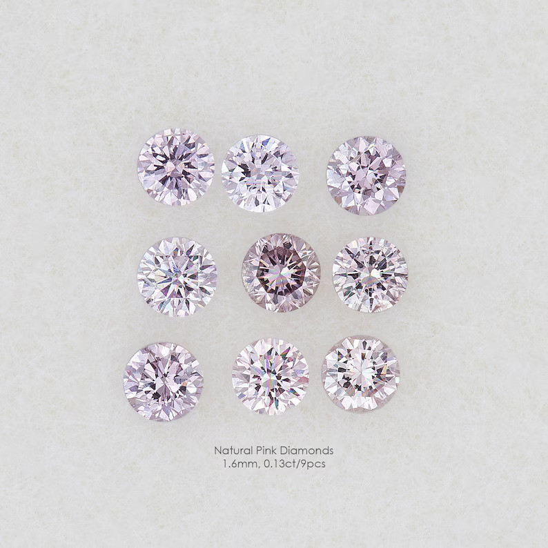 Untreated Natural Pink Diamonds Round Brilliant 1.6mm 0.13ct of 9pcs Set|Calibrated|Light Pink|Argle|Fancy Diamond|Jewelry Making|Rare|