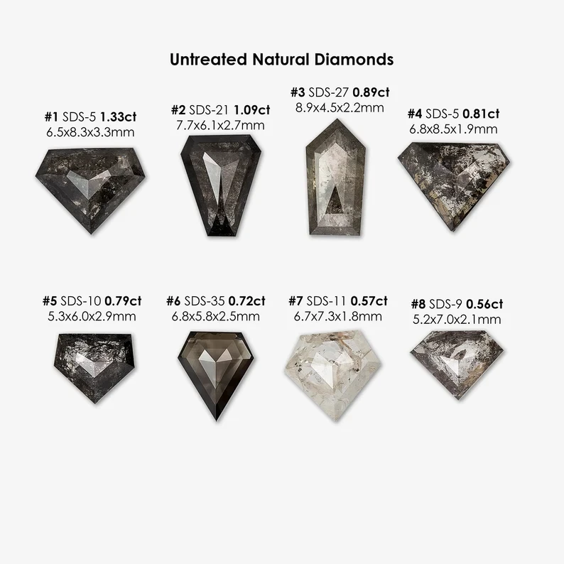 Select any from Untreated Natural Diamonds Kite, Calfs head, Bullet, Shield Shape Fancy Black, Salt & Pepper|Geometric Shape|Gray|Ice|Rustic