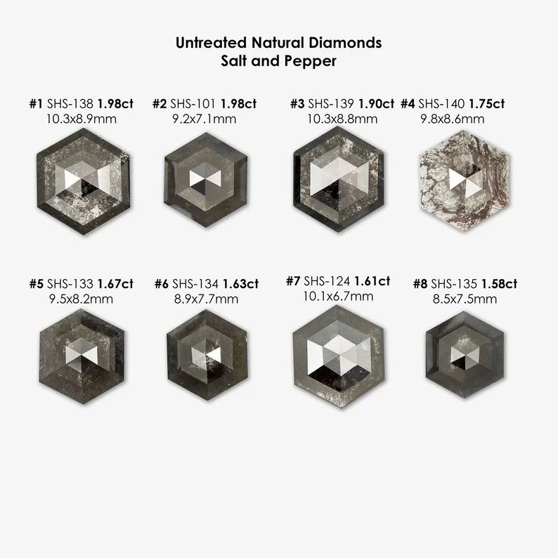 Select any from Untreated Natural Diamonds Hexagon Shapes Fancy Black, Salt & Pepper|Geometric Shape diamond|Gray|Ice|Rustic|earthmined