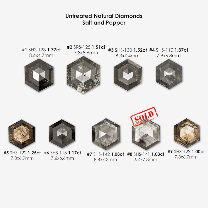 Select any from Untreated Natural Diamonds Hexagon Shape Fancy Black, Salt & Pepper|Geometric Shape diamond|Gray|Ice|Rustic|earthmined