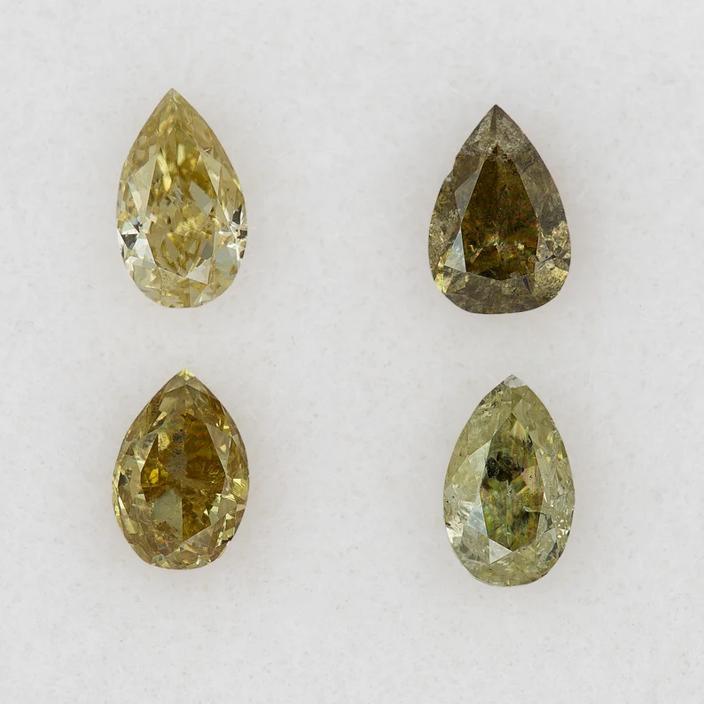 0.63ct 4pcs Untreated Fancy Yellow Green Natural Diamonds Pear Selected Set|Pear|Selection|Mixed size|for ring|Custom Jewelry|Fancy Color